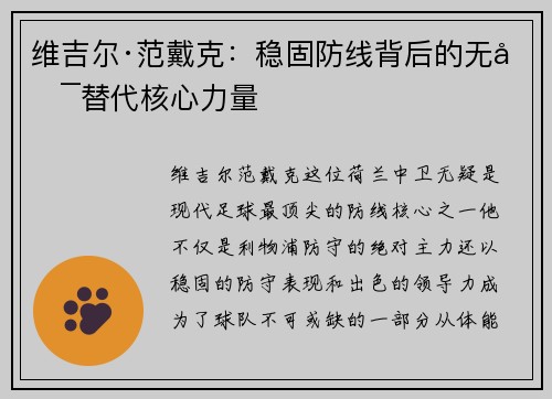 维吉尔·范戴克:稳固防线背后的无可替代核心力量 维吉尔·范戴克:稳固防线背后的无可替代核心力量